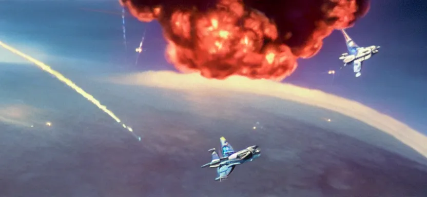 Image similar to a film still of an epic ww 2 space battle, explosions, wide angle, rule of thirds, colorful, thunderbirds, hbo, 4 k, hd, hyperrealistic, 7 0 mm, cronenberg