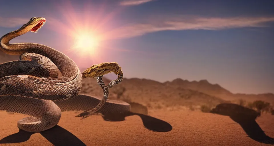 Image similar to photo of a snake riding on the back of a crocodile in the middle of the mojave desert. photorealistic, award winning, sunset, lens flare, atmospheric lighting, 4 k