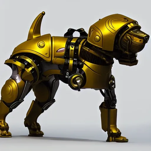 Prompt: cybernetic dog wth golden armor, hard surface, matte painting by jama jurabaev and greg rutkowsky,