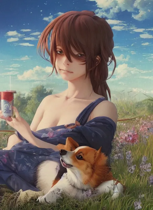 Image similar to beautiful fantasy painting scene of anime chill summer day with corgi, by Kenne Gregoire, James Jean, Tran Nguyen, WLOP, Jakub Rebelka. trending on Artstation, 8k, masterpiece, face enhance, graffiti paint, fine detail, full of color, intricate detail, golden ratio illustration