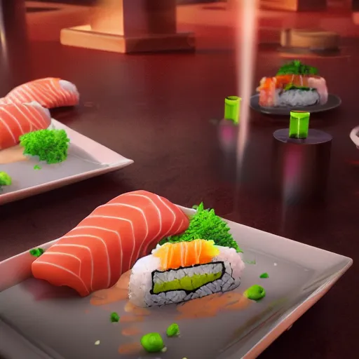 Image similar to eating sushi with friends when a dimensional rift opens up, in the style of Leticia Gillett Hiroya Oku Riyoko Ikeda, 3d render, artstation trending, 8k, octane render, photorealistic, sharp detail, manga