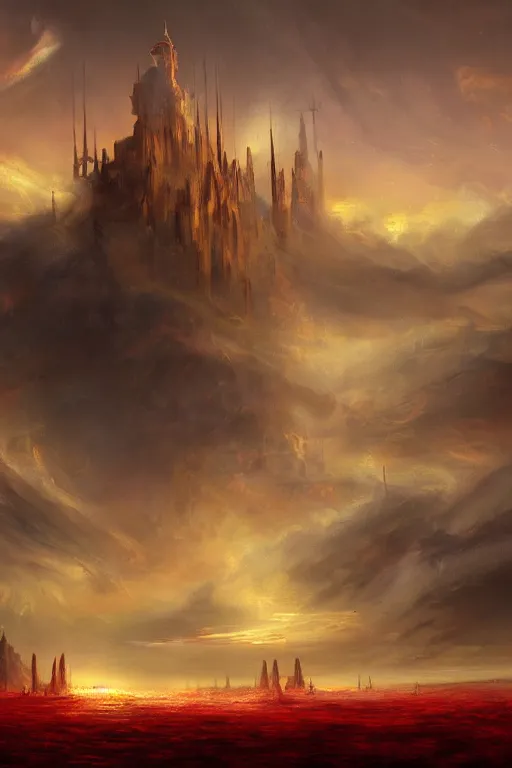 Image similar to breathtaking detailed soft painting of a dozens of flying swords of light, in golden clouds above a desert castle, strokes of mist and scarlet ribbons, german romanticism style, volumetric lighting, concept art, matte, sharp focus, art by celestialfang, matchach, juanmao, dustin panzino, trending on artstation