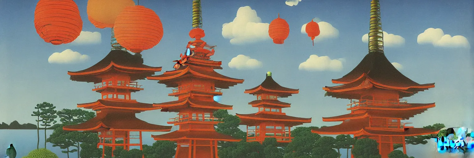 Image similar to japanese lantern and pagoda painting magritte