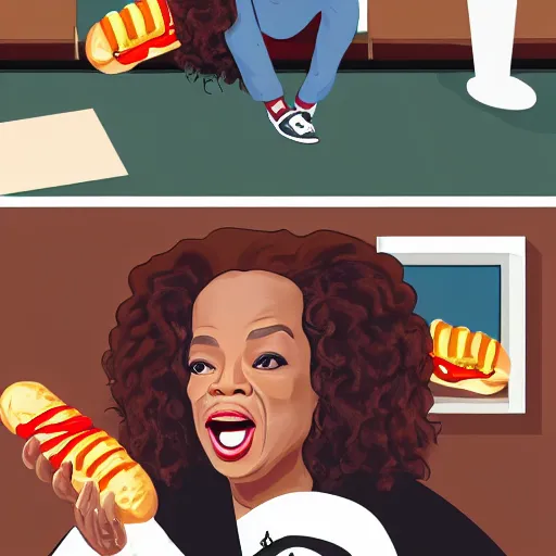 Image similar to security cam footage of oprah winfrey doing a kickflip while eating a huge hotdog by stuart brown and greg rutowski artstation