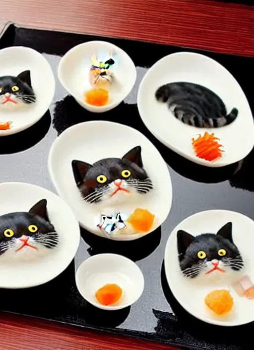 Prompt: clear photorealistic picture of adorable cats made from sushi rice, sitting on sushi plates with wasabi paste and soy sauce