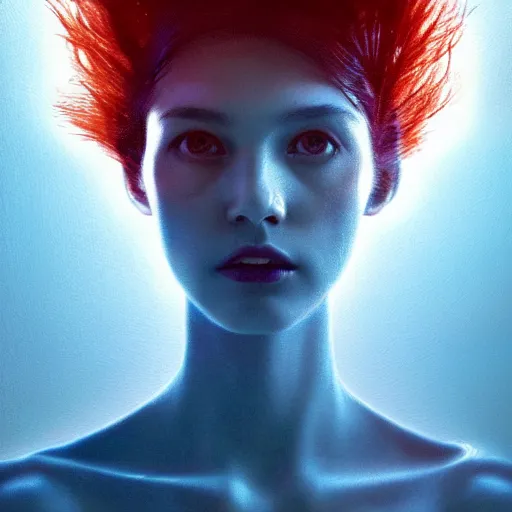 Prompt: 3 d, sci - fi, morning, sleepy fashion model face, sun, cinematic, lightning clouds, vogue cover style, poster art, light red and deep blue mood, realistic painting, intricate oil painting, high detail, figurative art, multiple exposure, poster art, 3 d, by tooth wu and wlop and beeple and greg rutkowski
