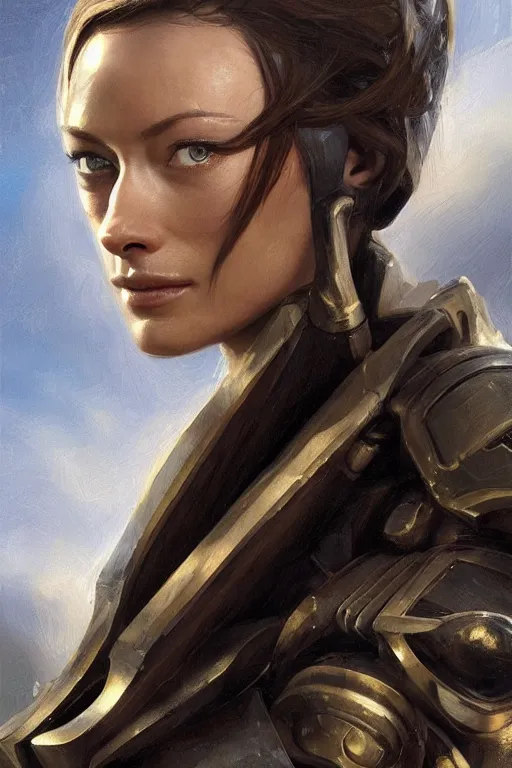 Image similar to a professional painting of a young Olivia Wilde, clothes in military armor, olive skin, long dark hair, beautiful bone structure, symmetrical facial features, intricate, elegant, digital painting, concept art, smooth, sharp focus, illustration, from StarCraft by Ruan Jia and Mandy Jurgens and Artgerm and William-Adolphe Bouguerea