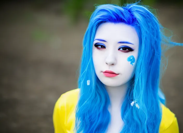 Prompt: dslr portrait photo still of rimuru tempest with blue hair and yellow!!! eyes!!!, 8 k, 8 5 mm f 1. 8