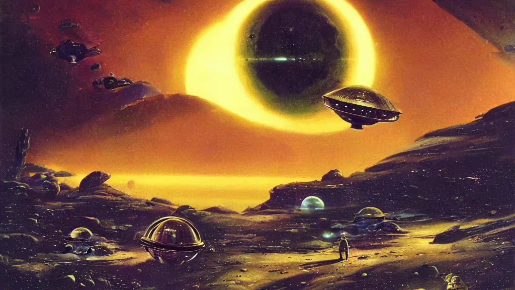 Image similar to eerie atmospheric alien planet with a small dropship pod landing by paul lehr and jack gaughan and john schoenherr, epic cinematic matte painting