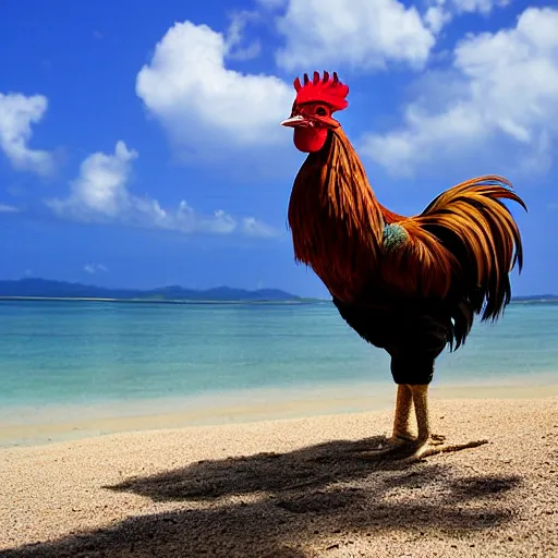 Image similar to a photograph of a rooster standing on a beautiful white sand Philippines beach