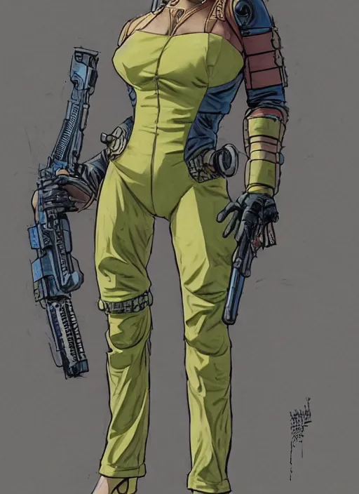 Prompt: cyberpunk mercenary in tactical gear and jumpsuit. high kick cyber chick. portrait by stonehouse and mœbius and will eisner and gil elvgren and pixar. realistic proportions. dystopian. cyberpunk 2 0 7 7, apex, blade runner 2 0 4 9 concept art. cel shading. attractive face. thick lines.