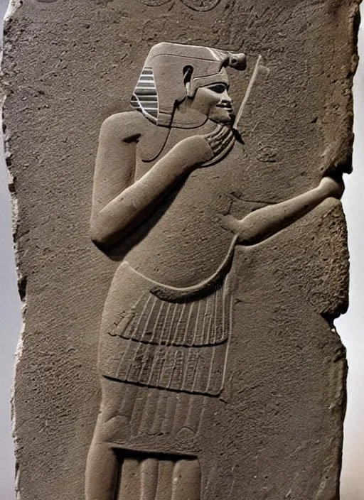 Prompt: a very worn out ancient egyptian relief of a man holding a bolt action rifle, award winning photo