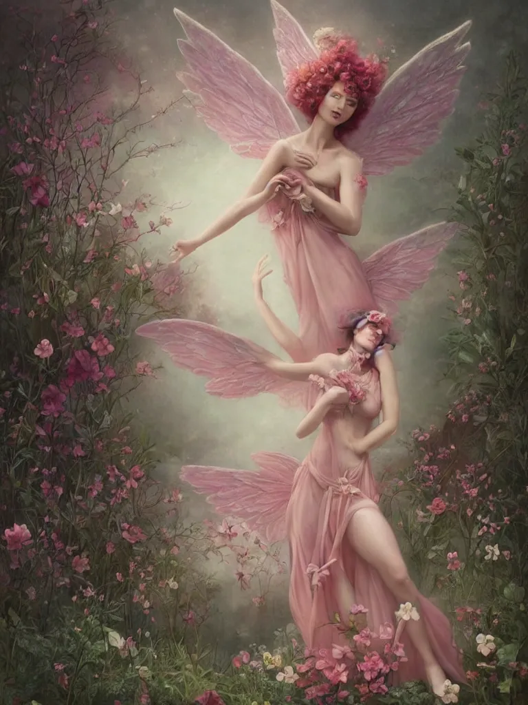 Prompt: one pink fairy with large wings exploring her lonely flower garden by herself in the style of tom bagshaw, extremely detailed, muted colors