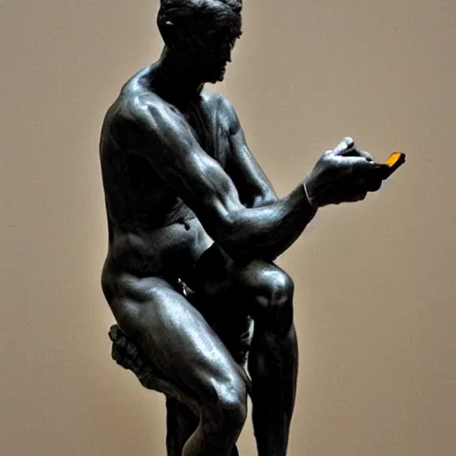 Prompt: thinker by rodin with iphone in hand