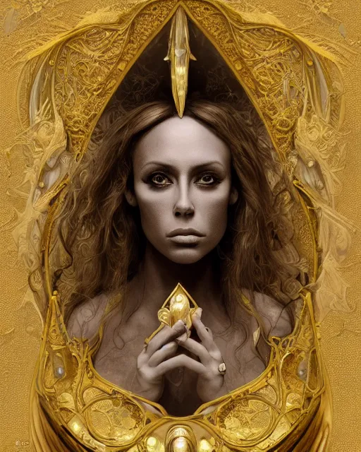 Image similar to concept art, Nicole Aniston, beautiful, frank frazetta, ornate, art nouveau, symmetrical, gold jewelry, high contrast, unbiased render, Emil melmoth, eerie, haunting, victorian, 8k, octane render, style of Gustav Klimt, head and shoulders