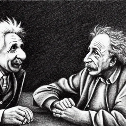 Image similar to Einstein and Newton speaks each other on a topic, pencil drawing, ultra detailed