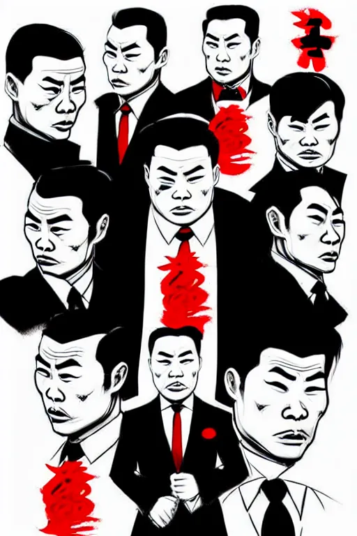 Image similar to chinnese mafia, with black suit and red tissue, some of leader have dragon tatto. digital art, concept art, pop art, bioshock art style, accurate, detailed, gta chinatown art style, cuphead art style, dynamic, face features, body features, ultra realistic, smooth, sharp focus, art by richard hamilton and mimmo rottela