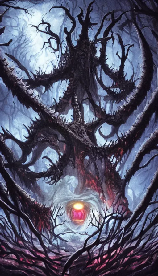 Image similar to a storm vortex made of many demonic eyes and teeth over a forest, from magic the gathering