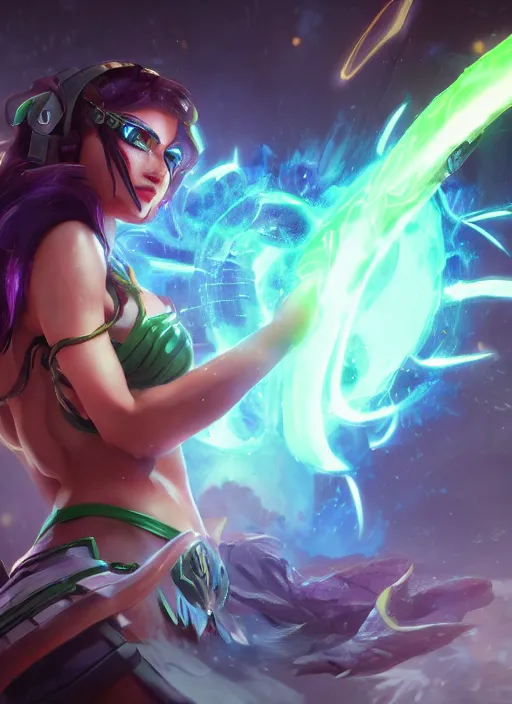 Image similar to senna from league of legends, au naturel, firing a giant weapon, glowing green neon eyes, wearing white robe, digital art, trending in artstation, cinematic lighting, studio quality, smooth render, unreal engine 5 rendered, octane rendered, art style by klimt and nixeu and ian sprigger and wlop and krenz cushart