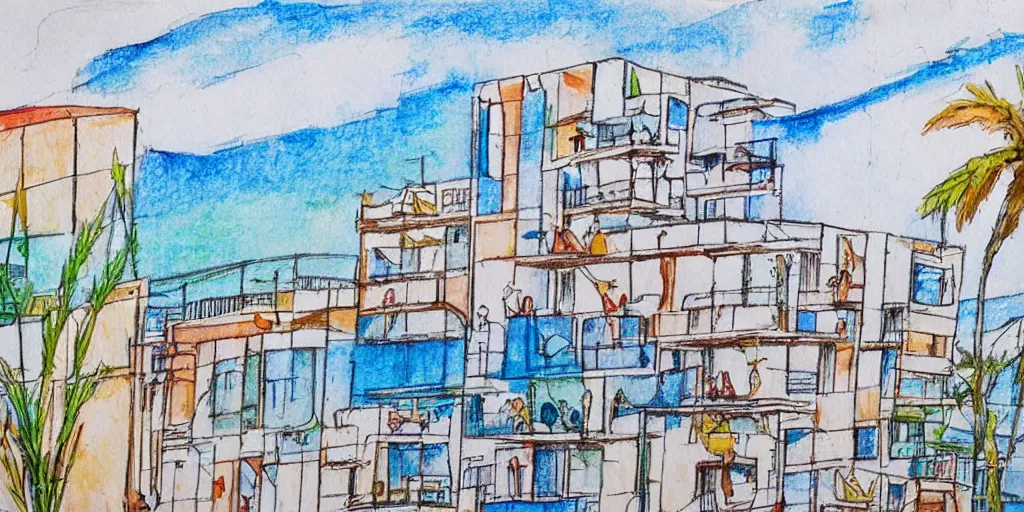 Prompt: tel aviv shoreline. dogs. bauhaus style. buildings with balconies. highly detailed. pen drawing painted with watercolors. colorful. low buildings. palm trees. blue skies