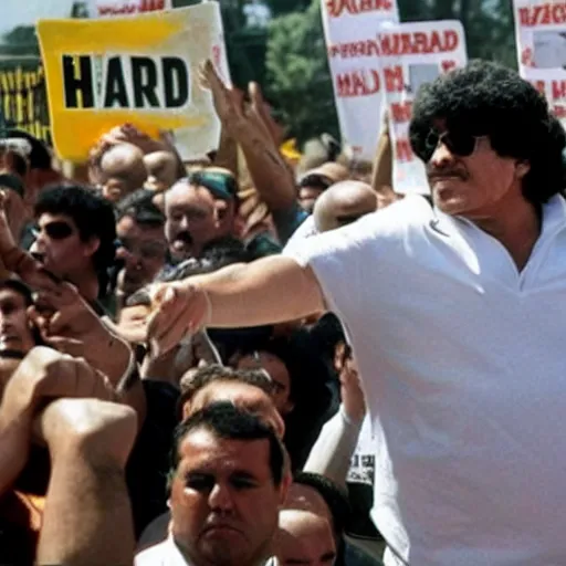 Prompt: maradona at a demonstration against hard drugs and hiv