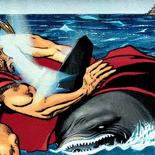 Image similar to thor punching a whale while wearing rabbit ears