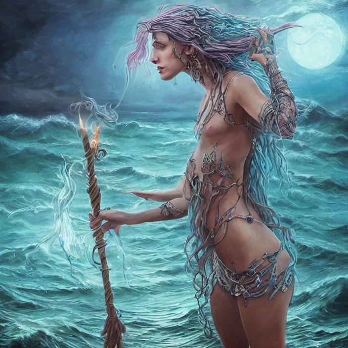 Image similar to sea witch casting a spell in the water, d & d style, trending on artstation, intricate, highly detailed, vivid painting, colorful, art by alexandr leskinen