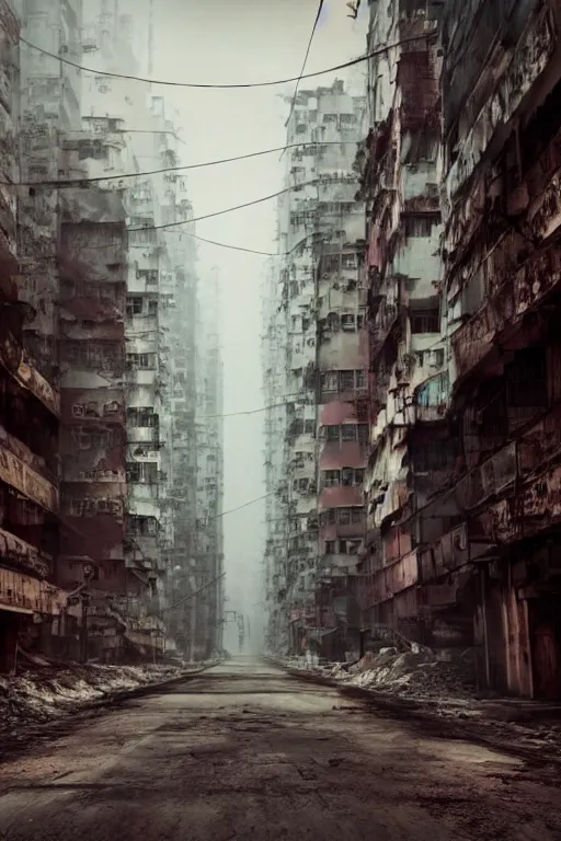 Image similar to nuclear winter, abandoned street of hong kong, near future, fantasy, sci - fi, hyper realistic, serene, morning.