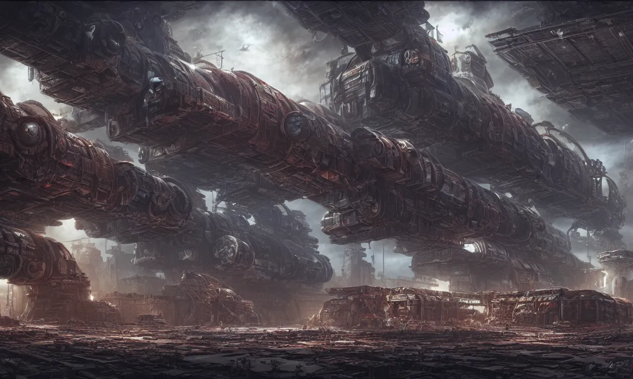 Image similar to a beautiful highly detailed matte painting of a huge derelict cargo starship base, Space Hulk, WarHammer 40k by Jose Daniel Cabrera Pena and Leonid Kozienko, concept art