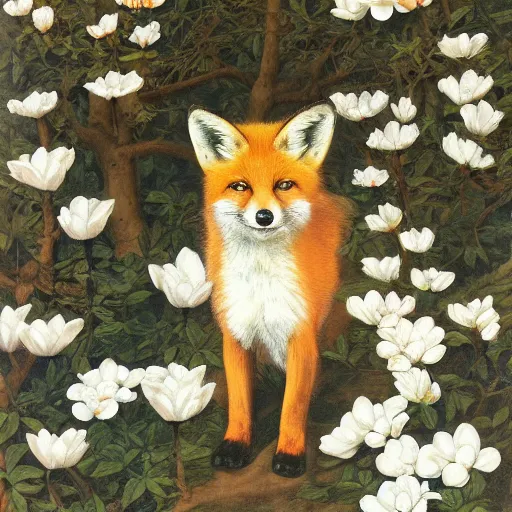 Image similar to !dream a portrait of a small Red Fox in a white magnolia forest in the style Alexandre Cabanel, wide shot