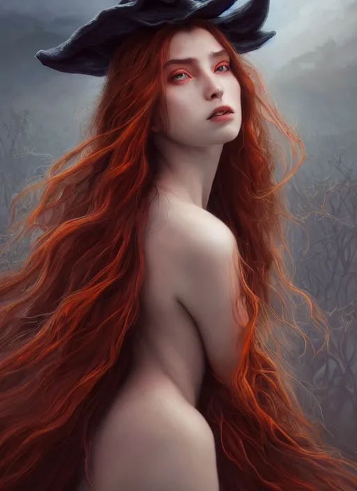 Prompt: witch girl, fine art, awesome, award winning, hyperrealistic symmetrical hyperdetailed dark fantasy landscape, fantasy magic, sensual white skin beauty beauty red long hair windy intricate, elegant, sharp focus, cinematic lighting, highly detailed, digital painting, concept art, art by wlop and artgerm and greg rutkowski, masterpiece, trending on artstation, 8 k