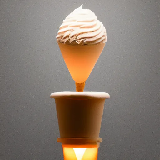 Image similar to a glowing, levitating ice cream cone with semitransparent ice cream containing a tungsten filament