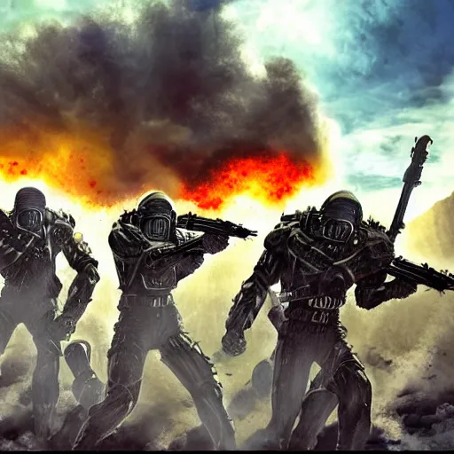 Image similar to science - fiction futuristic apocalyptic war scene with explosions, soldiers firing, iron maiden style