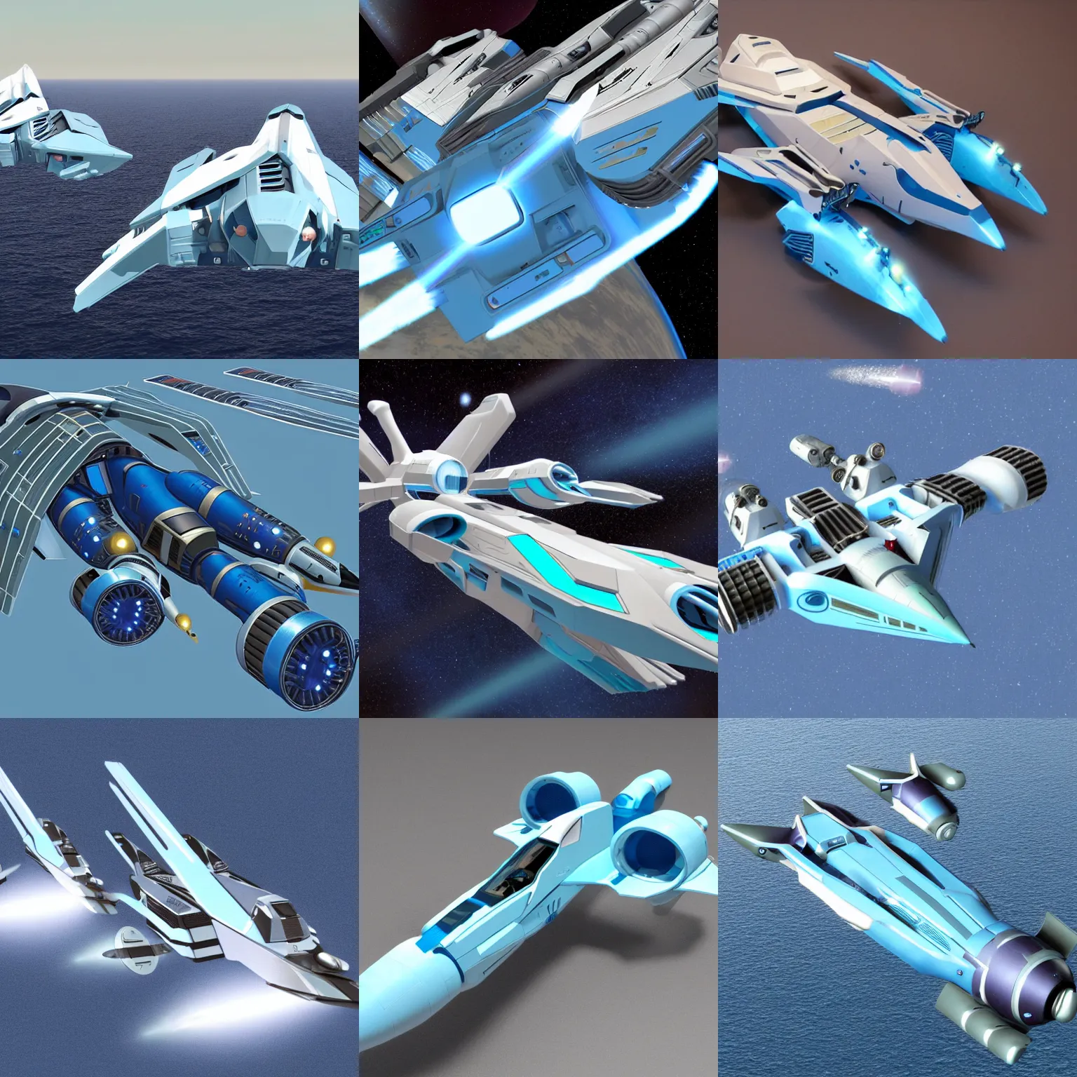Prompt: lstarship with light blue thrusters/engines