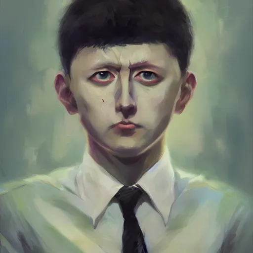 Image similar to hyper realistic, surreal, portrait of mob psycho, shigeo kageyama painted by greg rutkowski, wlop, loish,