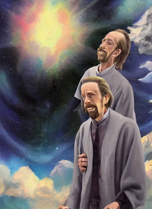 Image similar to alan watts in monk uniform falling across in the universe realism expressionism style digital painting highly detailed photorealistic, featured on artstation