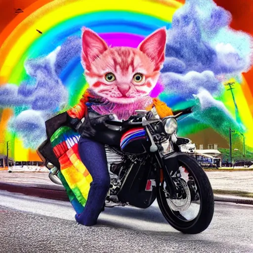 Image similar to wide angle full body, jacket wearing fluffy cute rainbow kitten wearing a black leather motorcycle jacket, cinematic concept art