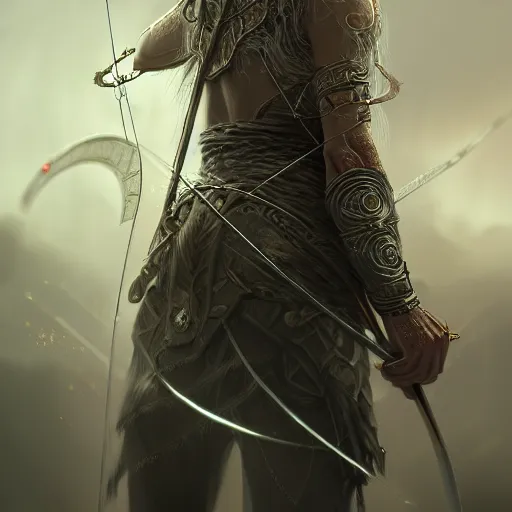 Prompt: beautiful extremely detailed intricate concept art depicting an archer by wlop. shining jewelry. grey atmosphere. particles in the background. deviantart