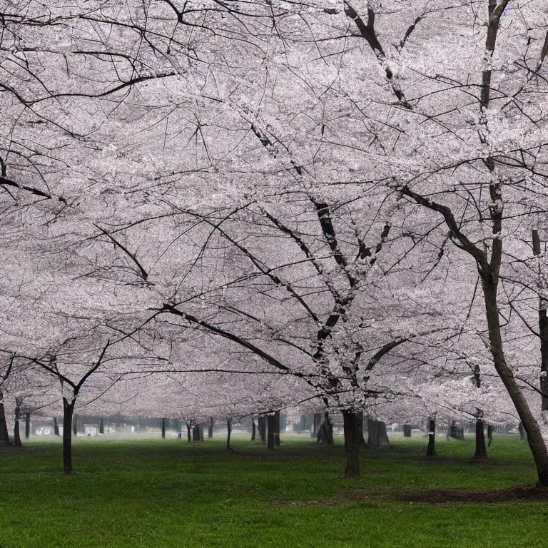 Image similar to a photograph of a white concrete cube sitting center frame in the middle of a cherry blossom forest, foggy, liminal