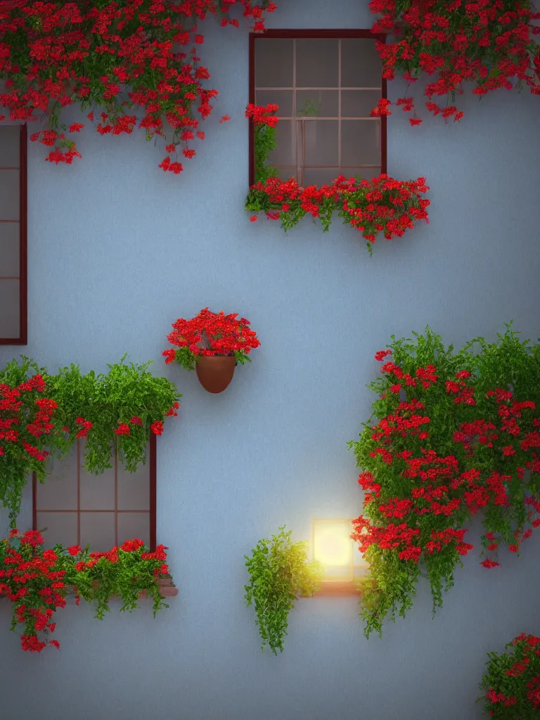 Image similar to a single old house window with a vase of red flowers with view to a sunrise, blue wall, a wooden chair near the window, concept art, octane render, unreal engine 5, trending on deviantart, highly detailed, high quality, hd, digital painting, masterpiece, geometric, symmetrical, low contrast, beautiful, high coherence, natural lighting, intense lighting