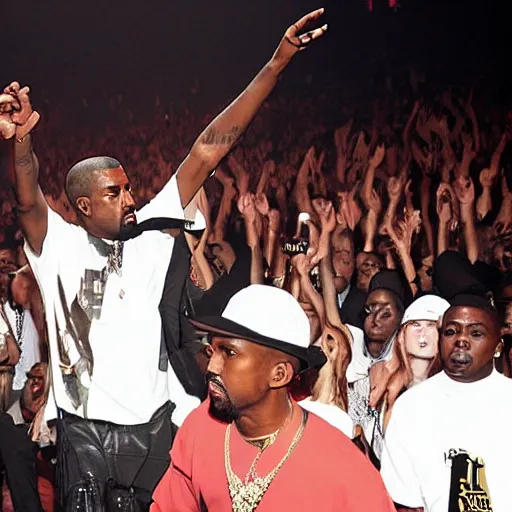 Prompt: kanye west & jay z performing the watch the throne tour inside of a crowded mcdonalds, 2 0 1 1