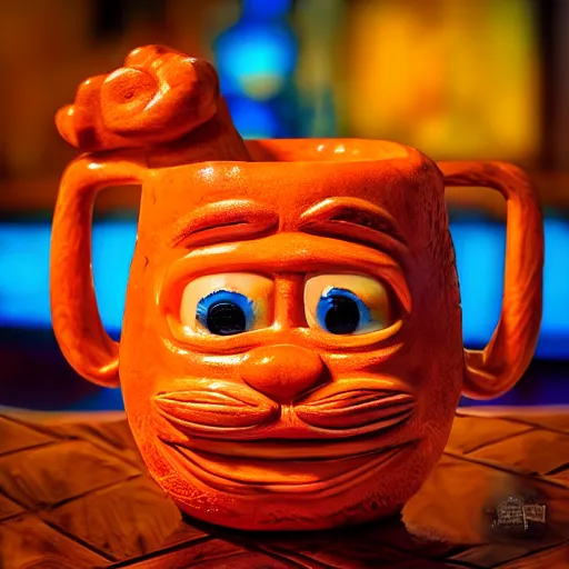 Image similar to a closeup photorealistic photograph of an orange cat garfield style tiki mug sitting at a trader vic's bar featuring garfield's face. tiki party. bright scene. fine detail. this 4 k hd image is trending on artstation, featured on behance, well - rendered, extra crisp, features intricate detail, epic composition and the style of unreal engine.