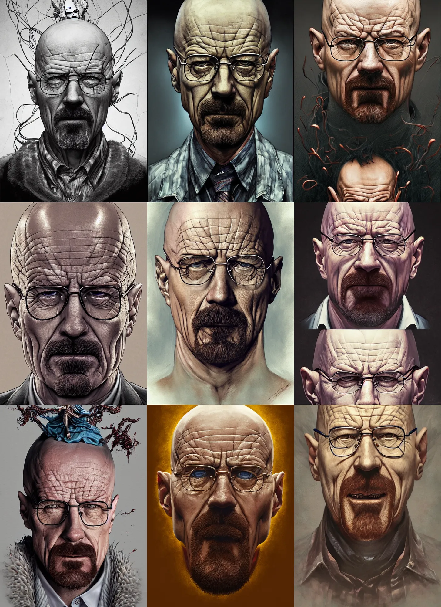 Prompt: a hyper detailed full face portrait of walter white transforming into the king of strings, horror, sideshow figurines, diablo 4 lilith, by yusuke murata, by hiroya oku, by dorian cleavenger, by tom bagshaw, by zdzisław beksinski, trending on artstation