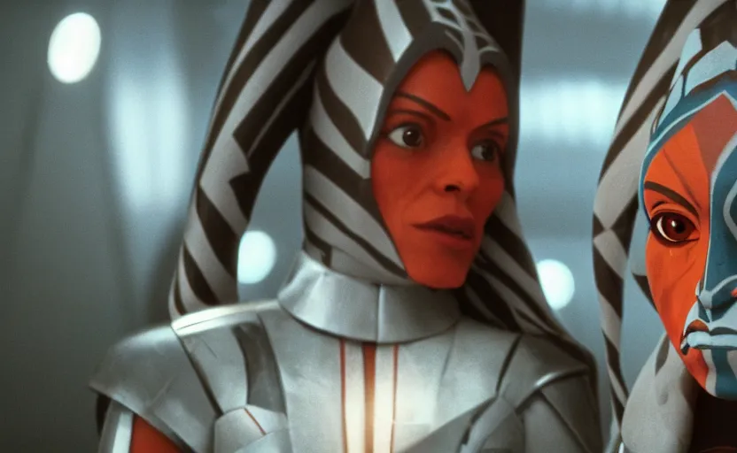 Image similar to cinematic still image wide shot screenshot portrait of ahsoka tano played by rosario dawson, scene from 1 9 8 0 s empire strikes back, 7 0 mm imax, moody iconic scene, beautiful detailed scene, kodak, directed by kubrick