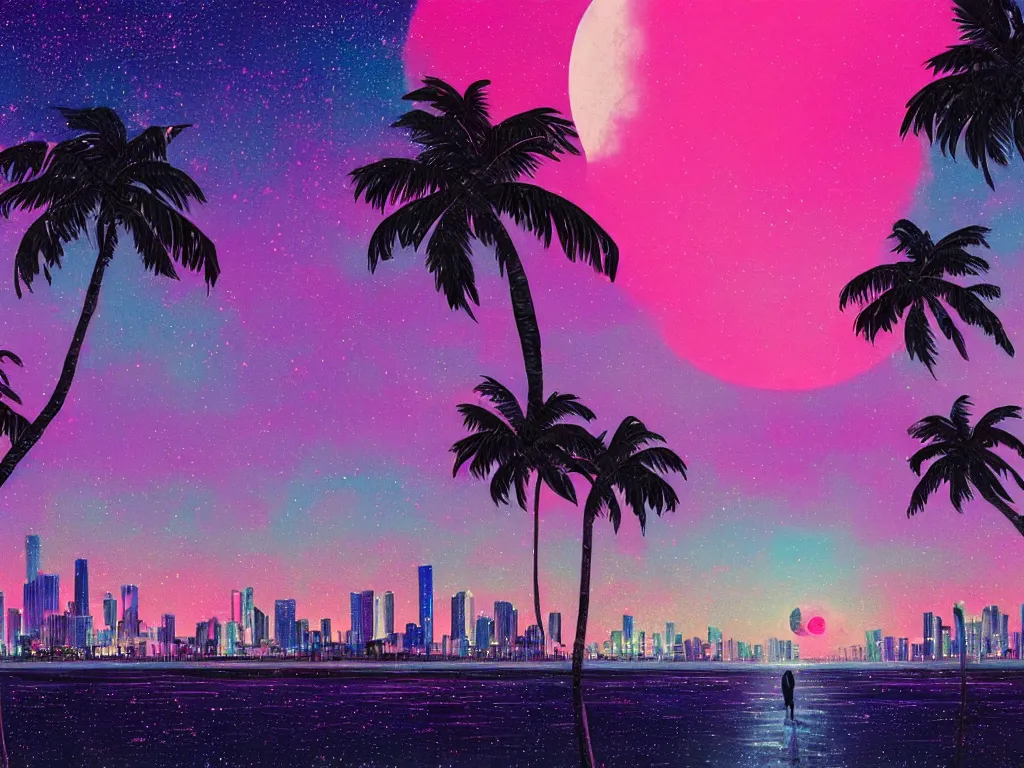 Image similar to night on a summer miami beach, city on the background, palm trees, footprints in the sand, full moon reflected in the calm ocean, starry sky, 8 k, ultra detailed, trending on artstation, digital painting, synthwave and retrowave style, pink color scheme