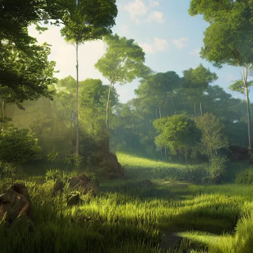 Image similar to large lush landscape, daylight, hyperdetailed, sharp, artstation, 3 d render, ray tracing