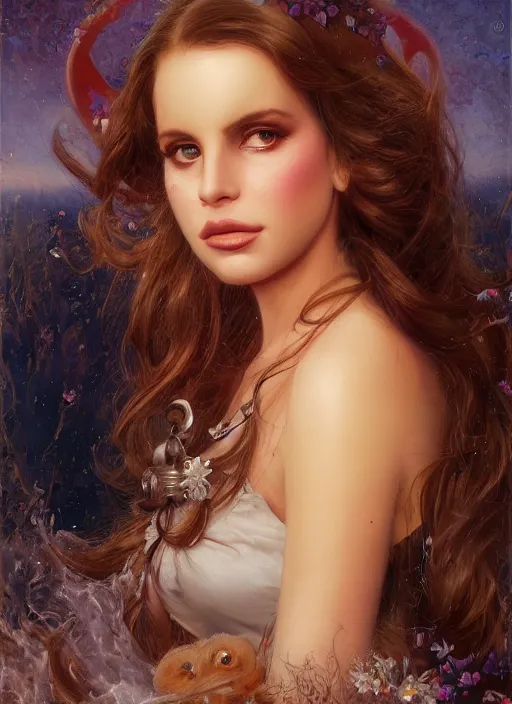 Prompt: Lana Del Rey glancing, Lilia Alvarado, Sophie Anderson, Mark Arian, Bob Byerley, Charlie Bowater, Mark Brooks, Steve Henderson, Justin Gerard, Arthur Hughes, Edward Robert Hughes, Mark Keathley, Victor Nizovtsev, Carlos Shwabe, Ross Tran, WLOP