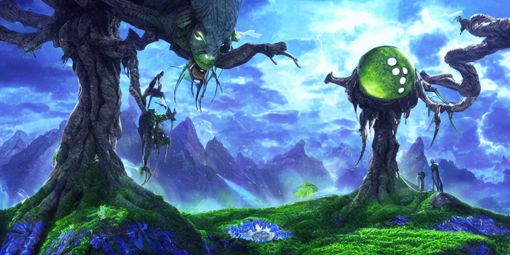 Image similar to navi planet from the movie avatar, landscape art, digital art, alien trees and animals
