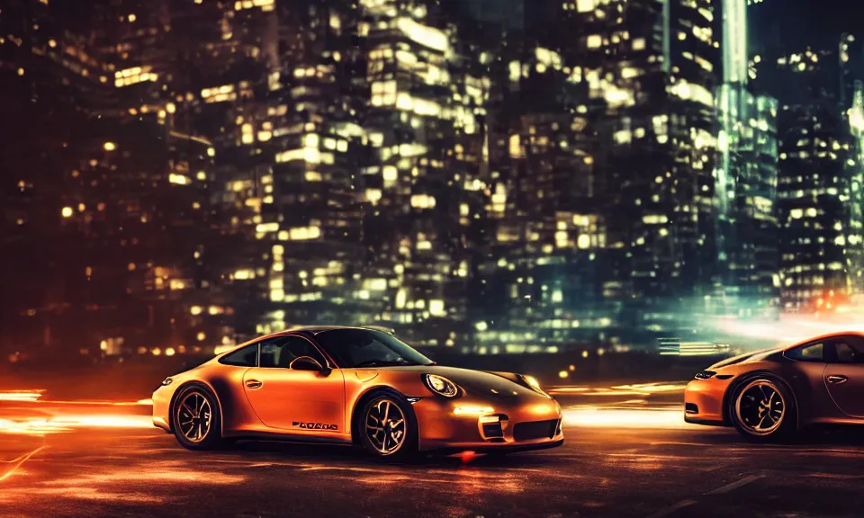 Image similar to photo of a porsche 911 at night drifting through a city, octane render, cinematic, 4k, long exposure photography, tokyo drift, fast and furious, film still, night photography, motion blur, lens flare, movie shot, light trail, distortion, wide angle