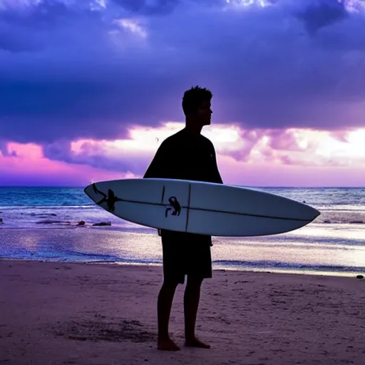 Prompt: teenage surfer standing at the beach. Purple sky with fluffy clouds and an airplane In the background